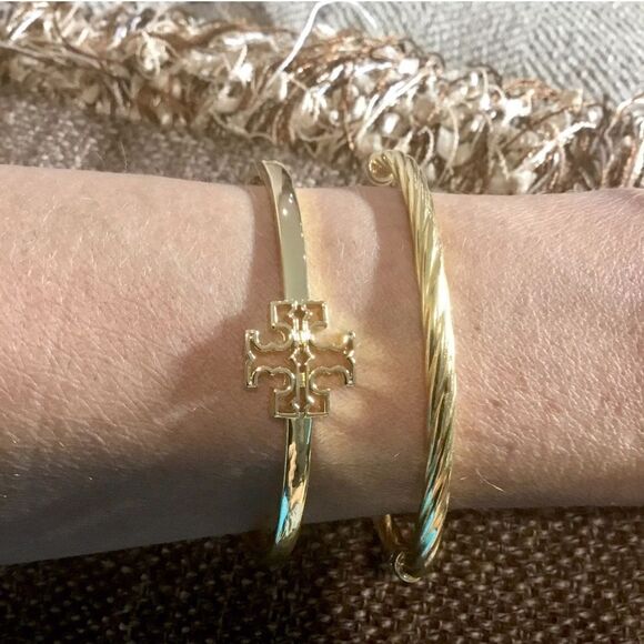 TORY BURCH LOGO DOUBLE T OPEN CUFF BRACELET 18k GOLD PLATED - Picture 1 of 5